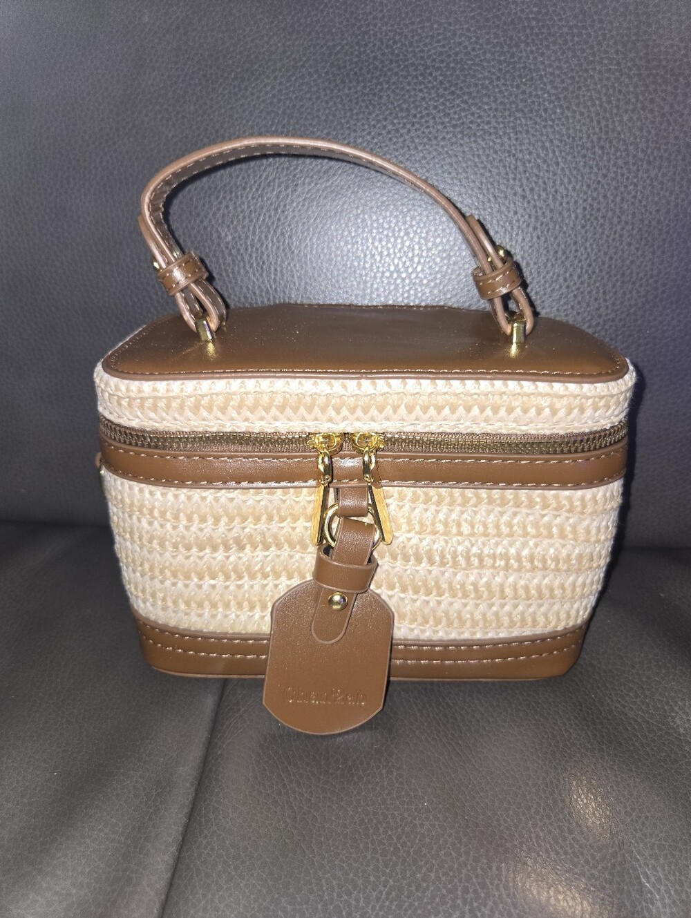 Woven Cosmetic Carry-All with Brown Trim - Cream & Brown